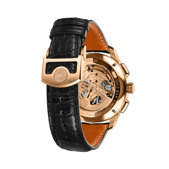 IWC Portugieser Tourbillon Chronograph with black dial, gold case and black leather straps