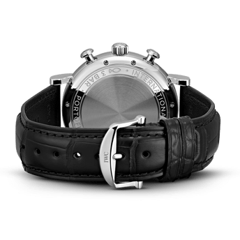Back shot image of IWC Portofino Chronograph with stainless steel case and black alligator leather strap.