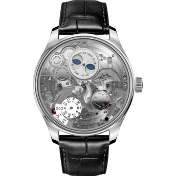 Portugieser Eternal Calendar watch with open dial on white background