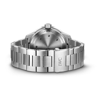Back shot image of IWC Aquatimer Automatic with black dial, stainless steel case and stainless steel bracelet.