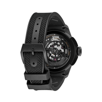 Back shot image of IWC Big Pilot’s Watch Shock Absorber Tourbillon Skeleton XPL with Ceratanium® case and black rubber strap with black calfskin inlay.