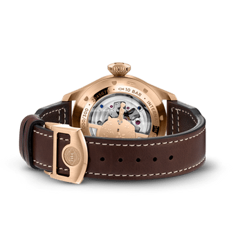 Back shot image of IWC Big Pilot’s Watch 43 Tourbillon Le Petit Prince with blue dial, 18 ct Armor Gold® case and brown calfskin strap.