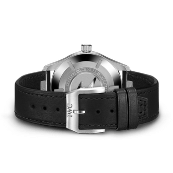 Back shot image of IWC Pilot's Watch Mark XX with black dial, stainless steel case and black strap.