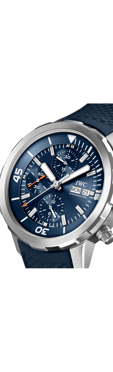 Close up image of IWC Aquatimer Chronograph with blue dial, stainless steel case and blue rubber strap.