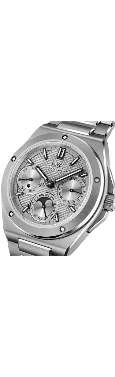 Close up image of IWC Ingenieur Perpetual Calendar 41 with blue dial, stainless steel Case and stainless steel bracelet.