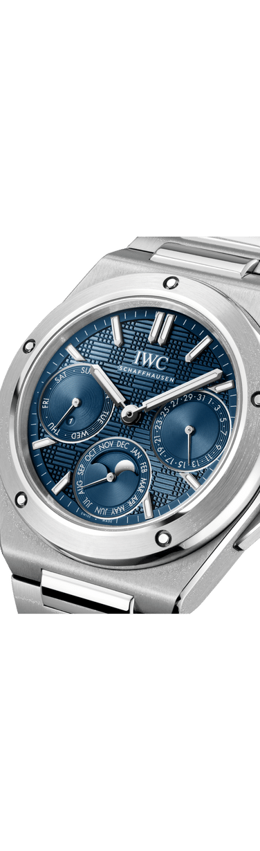 Close up image of IWC Ingenieur Perpetual Calendar 41 with blue dial, stainless steel Case and stainless steel bracelet.