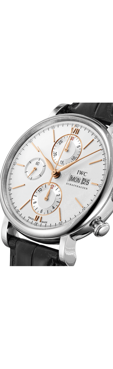 Close up image of IWC Portofino Chronograph with silver plated dial, stainless steel case and black alligator leather strap.