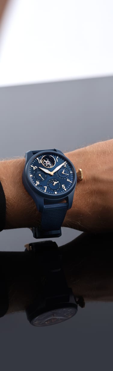 IWC Pilot's Watch Le Petit Prince with blue dial, blue ceramic case and rubber strap on a man's wrist