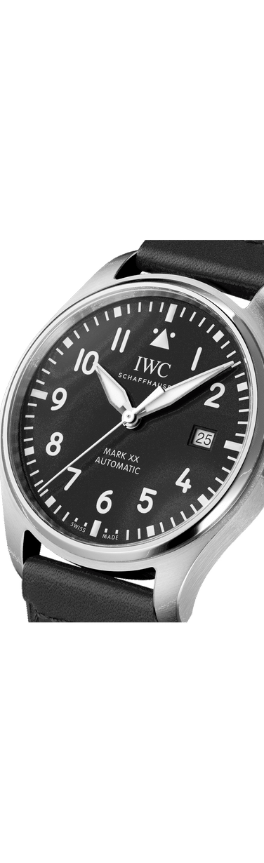 Close up image of IWC Pilot's Watch Mark XX with black dial, stainless steel case and black strap.