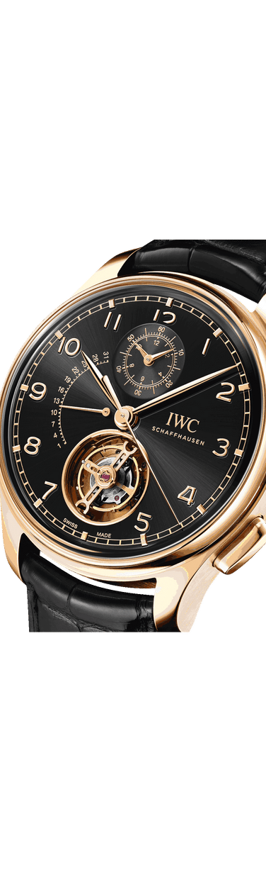 IWC Portugieser Tourbillon Chronograph with black dial, gold case and black leather straps