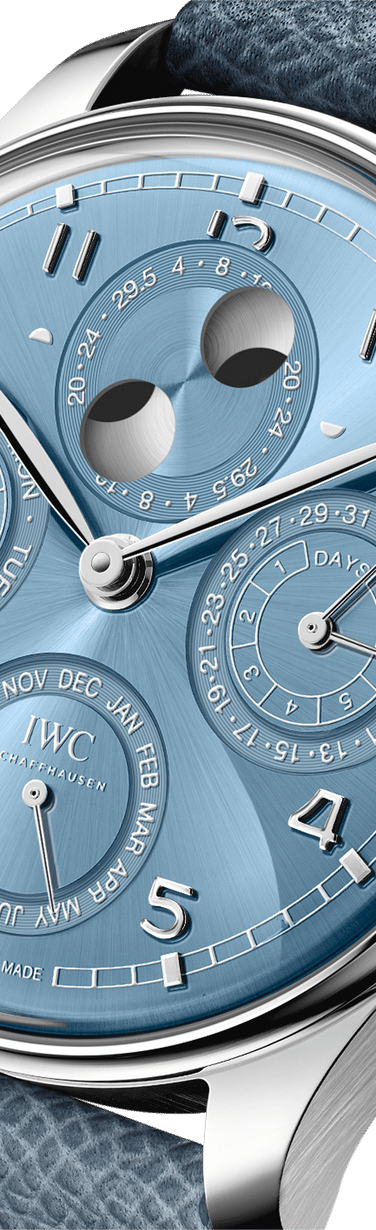 Close up of Portugieser Perpetual Calendar watch dial in light blue dial color