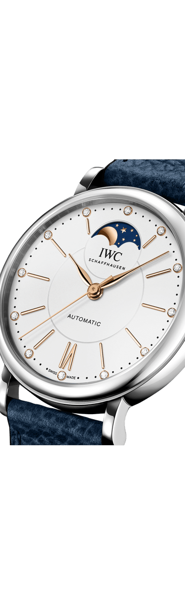 IWC Portofino Automatic Moon Phase with white dial, stainless steel case and blue calfskin strap