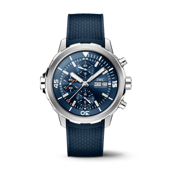 Front shot image of IWC Aquatimer Chronograph with blue dial, stainless steel case and blue rubber strap.