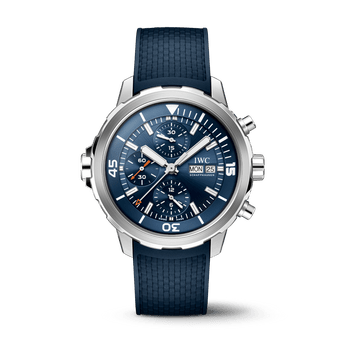 Front shot image of IWC Aquatimer Chronograph with blue dial, stainless steel case and blue rubber strap.