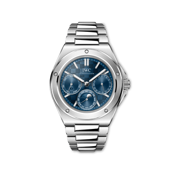 Front shot of IWC Ingenieur Perpetual Calendar 41 with blue dial, stainless steel Case and stainless steel bracelet.