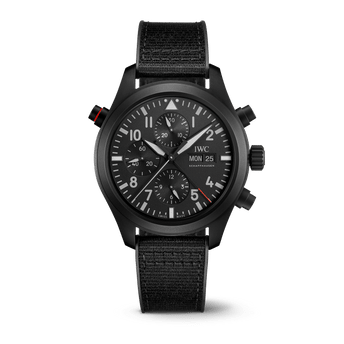 Front shot image of IWC Pilot’s Watch Double Chronograph TOP GUN Ceratanium® with black dial, Ceratanium® case and black rubber strap with textile inlay.