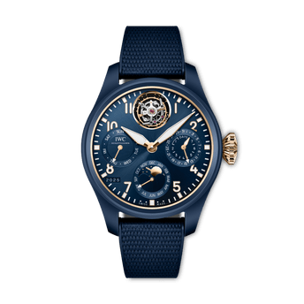 Front shot of IWC Big Pilot’s Watch Perpetual Calendar Tourbillon Le Petit Prince with blue dial, ceramic case and blue rubber strap