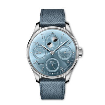 Front shot of Portugieser Perpetual Calendar watch with light blue dial and blue leather strap