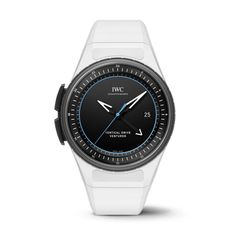 Front shot of IWC Pilot’s Venturer Vertical Drive with black dial, and white strap