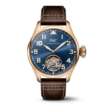 Front shot image of IWC Big Pilot’s Watch 43 Tourbillon Le Petit Prince with blue dial, 18 ct Armor Gold® case and brown calfskin strap.