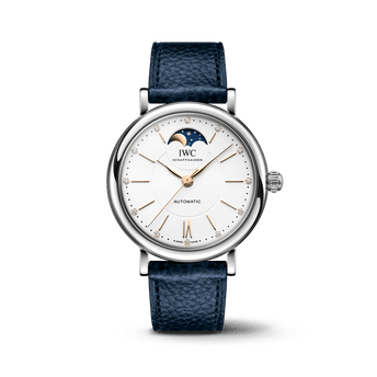 IWC Portofino Automatic Moon Phase with white dial, stainless steel case and blue calfskin strap