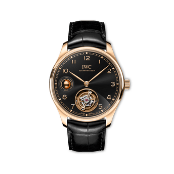Front shot of IWC Portugieser Hand-Wound Tourbillon Day & Night with black dial, 18 ct Armor Gold® Case and black alligator leather strap by Santoni