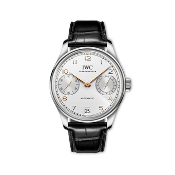 Front shot image of IWC Portugieser Automatic 42 with silver plated dial, stainless steel Case and black alligator leather strap.