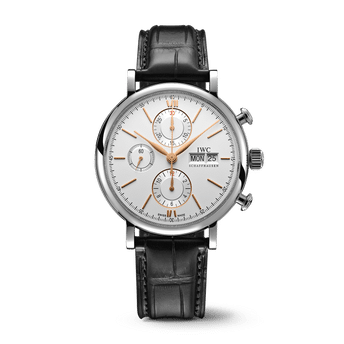 Front shot image of IWC Portofino Chronograph with silver plated dial, stainless steel case and black alligator leather strap.