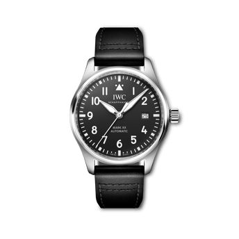 Front shot image of IWC Pilot's Watch Mark XX with black dial, stainless steel case and black strap.