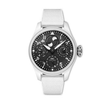 Front shot of IWC Big Pilot’s Watch Perpetual Calendar TOP GUN Lake Tahoe with black dial, ceramic case and white rubber strap.