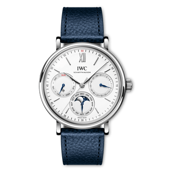 Front shot of IWC Portofino Perpetual Calendar with silver plated dial, stainless steel Case and blue calfskin strap.
