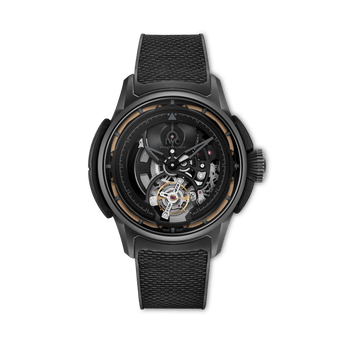 Front shot of IWC Big Pilot’s Watch Shock Absorber Tourbillon Skeleton XPL with black dial, Ceratanium® case and black rubber strap with black calfskin inlay.