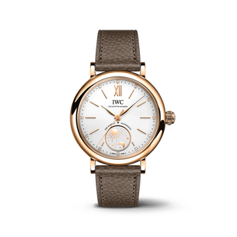 Front shot image of IWC Portofino Automatic Day & Night with white dial, gold case and brown leather strap.