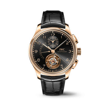 IWC Portugieser Tourbillon Chronograph with black dial, gold case and black leather straps