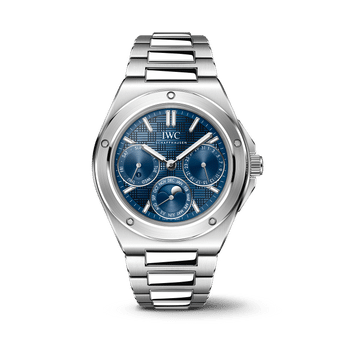 Front shot image of IWC Ingenieur Perpetual Calendar 41 with blue dial, stainless steel Case and stainless steel bracelet.