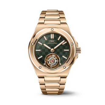 Front shot of IWC Ingenieur Tourbillon 41with green dial, and gold strap