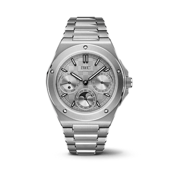Front shot image of IWC Ingenieur Perpetual Calendar 41 with blue dial, stainless steel Case and stainless steel bracelet.