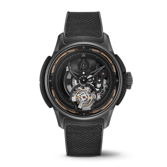 Front shot image of IWC Big Pilot’s Watch Shock Absorber Tourbillon Skeleton XPL with black dial, Ceratanium® case and black rubber strap with black calfskin inlay.