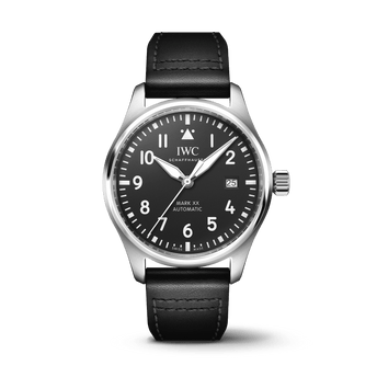 Front shot image of IWC Pilot's Watch Mark XX with black dial, stainless steel case and black strap.