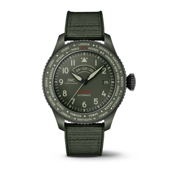 Front shot image of IWC Pilot’s Watch Timezoner TOP GUN Woodland with green dial, ceramic case and green rubber strap with textile inlay.