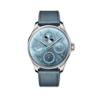 Front shot of Portugieser Perpetual Calendar watch with light blue dial and blue leather strap