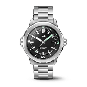 Front shot image of IWC Aquatimer Automatic with black dial, stainless steel case and stainless steel bracelet.