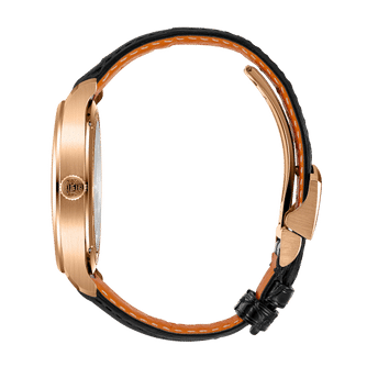 Side shot image of IWC Portugieser Hand-Wound Tourbillon Day & Night with 18 ct Armor Gold® Case and black alligator leather strap by Santoni.