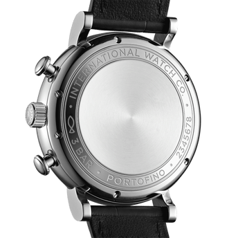 Side shot image of IWC Portofino Chronograph with stainless steel case and black alligator leather strap.