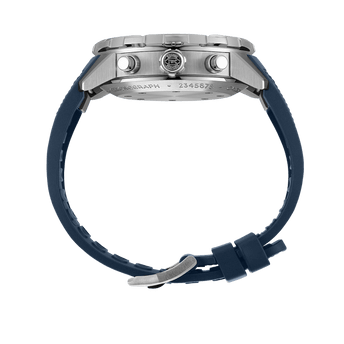 Side shot image of IWC Aquatimer Chronograph with blue dial, stainless steel case and blue rubber strap.