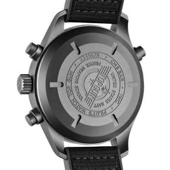 Side shot image of IWC Pilot’s Watch Double Chronograph TOP GUN Ceratanium® with Ceratanium® case and black rubber strap with textile inlay.