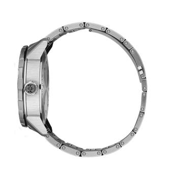 Side shot image of IWC Aquatimer Automatic with black dial, stainless steel case and stainless steel bracelet.
