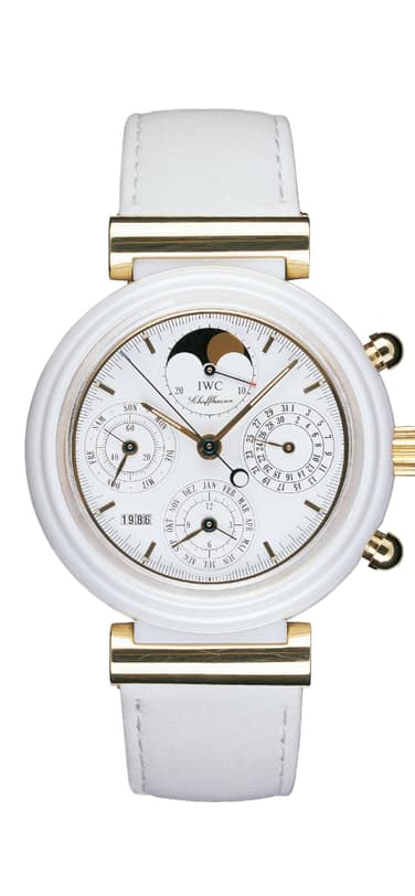 Image showing the IWC Perpetual Calendar watch with white dial and white leather strap