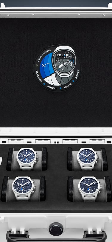 A titanium case back featuring four space-themed chronographs designed and donated by IWC Schaffhausen which travelled to space with the crew.