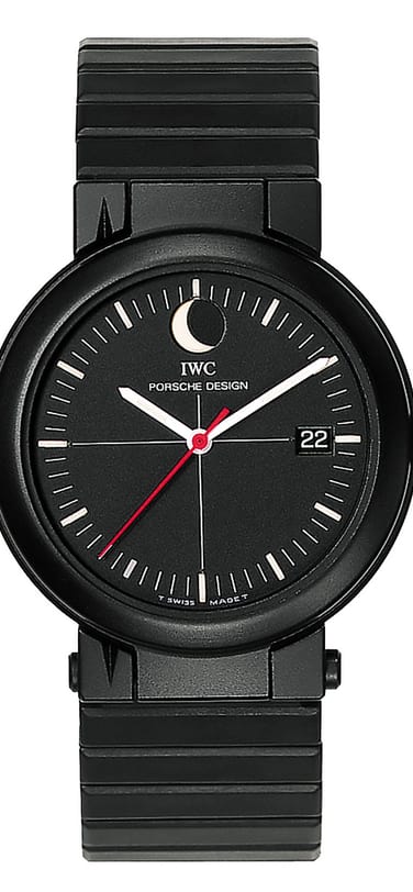 The IWC-Porsche Design moon phase compass watch with black dial and black strap